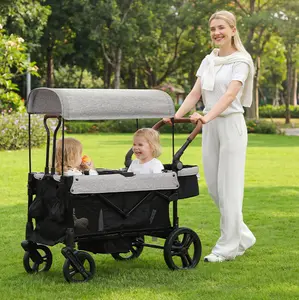 Dripex Stroller Wagon for 2 Kids, All-Terrain Foldable Kids Wagon Stroller with Removable Canopy, Mosquito Net, Snack Tray, Cup Holders & Storage Basket