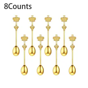 8-Piece Elegant Twin Crown Design Dessert Spoons, High-Quality Stainless Steel Coffee Stirrers, Tea Spoons, Perfect Gift for Weddings/mother's Day