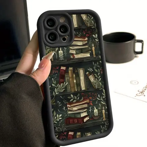 Patterned Customized 1.2mm Silicone Smartphone Case for iPhone Series (16,15 Pro Max,15 Plus,14 Pro Max,13,12,11,XR,XS Plus) - Retro Bookshelf Design, Military-Grade Shockproof, Anti-Slip Surface, Screen+Cam Buffer Protective Mobile Accessory
