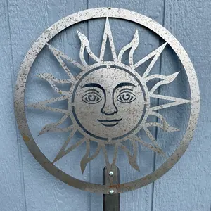 New Sun Smiling Face Large Metal Garden Stake Wall Art Laser Cut Made In USA