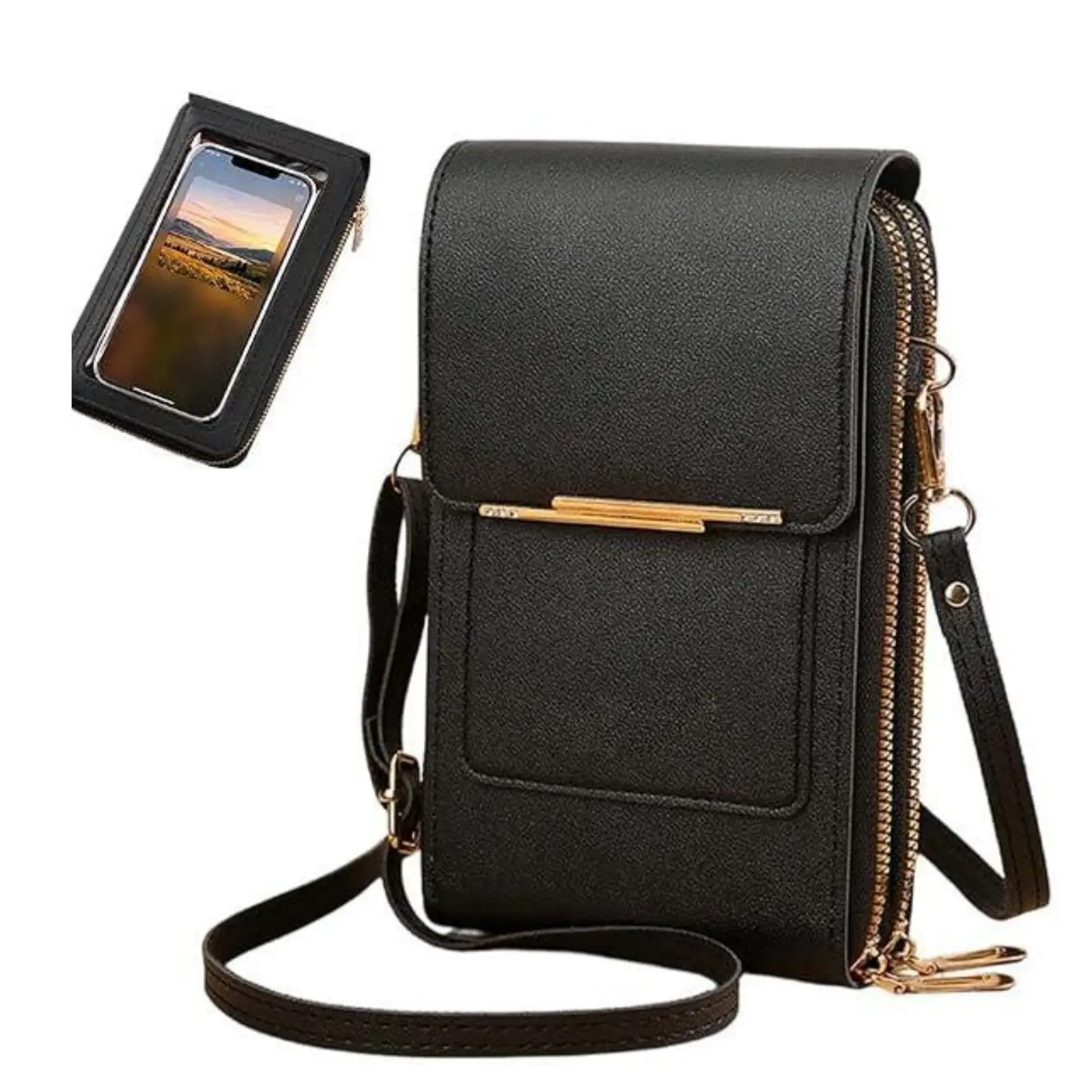 Modest Plain PU Leather Phone Crossbody Bag for Women - Casual Anti-Theft Messenger Purse with Adjustable Strap & Touchscreen Window