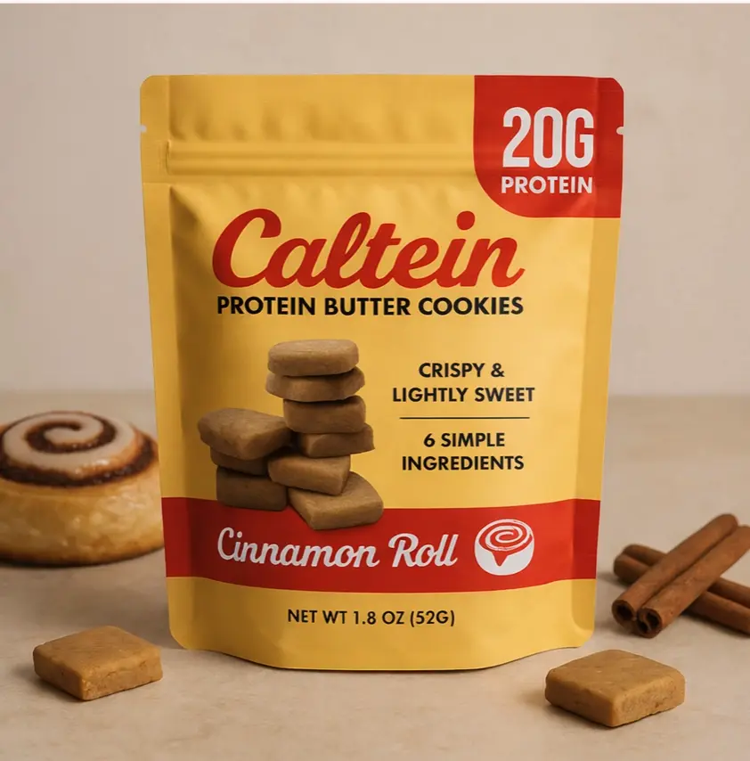 Caltein Co. High Protein Baked Cinnamon Roll Butter Cookies, 12 Pcs Natural Snacks with 20g Whey Protein Each, 12-Month Shelf Life, 12 Months