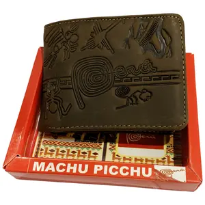 NWT Nazca Lines Ica Peru Souvenir Men's Embossed Brown Leather Bifold Wallet