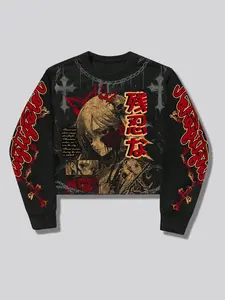 Dark Anime Aesthetic Full Print Graphic Round Neck Sweatshirt, Long Sleeve, Unisex Loose Fit, Streetwear Style, Colorblock Chain Decor, Fall & Winter Fashion