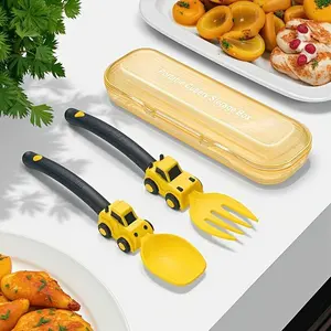 Colorful Toddler Kids Fork Spoon Set, Cartoon Engineering Vehicle Themed Utensils with Clear Portable Storage Box, Self Feeding Baby Led Weaning Easy Hold, Dishwasher Safe, Birthday Gift Travel Holiday Fun Eating Experience