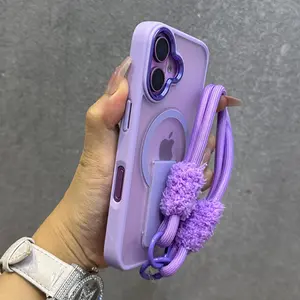 Fin Luxury Fold Stand Magnetic Case For iPhone 16 11 12 13 14 15 Pro Max With Phone Lanyard Keychain Key Ring Half Plush Strap Cover