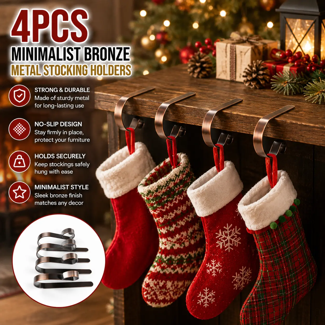 4-Pack Minimalist Bronze Metal No-Slip Christmas Stocking Holders - Lightweight, Adjustable, Tool-Free Hangers for Mantel, Home Decor Ornaments, Gift, Home Organiser Wing Shaped Led