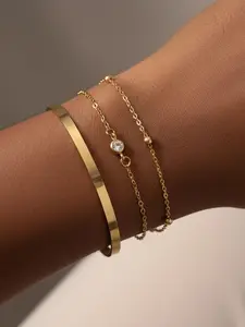 Stainless Steel Zirconia Bracelet Set, Open Bangle Dual Layer Chain, Double Layered Bracelets, Gift for Mom, Luxurious Daily Wear Women's Jewelry