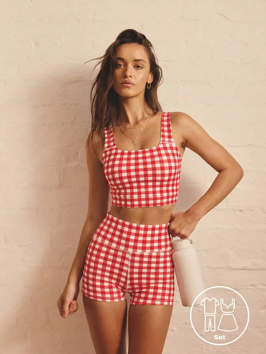 CALLIOPE Leisurewear Active Women's 2pcs Gingham Plad Printed Tank And Short Gym Workout Two Pieces Set