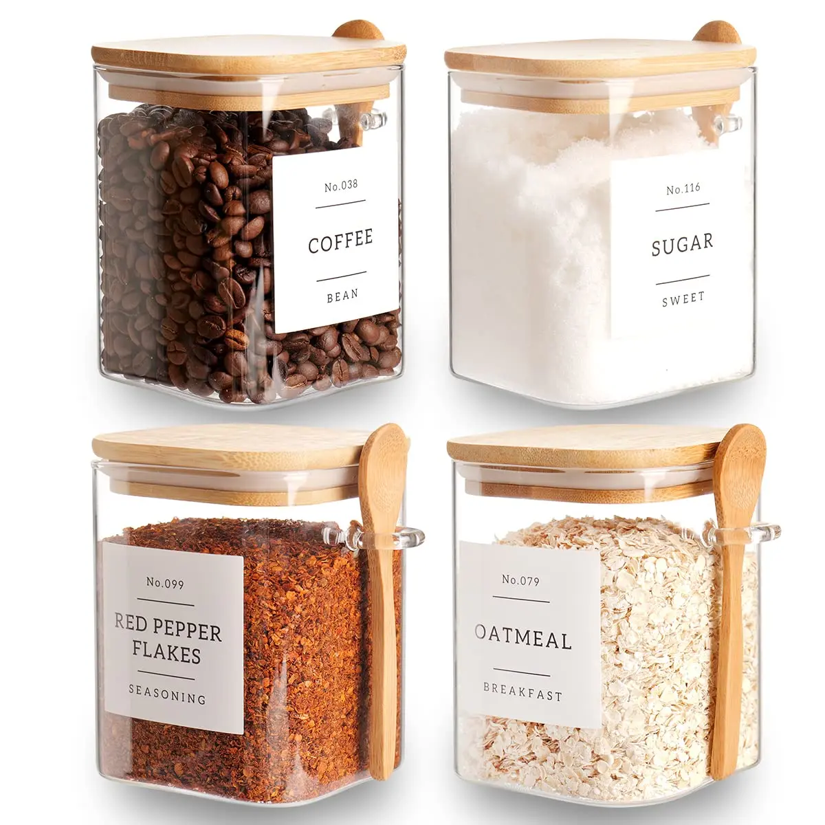 28 oz Square Borosilicate Glass Food Storage Jar with Airtight Bamboo Lid and Spoon, Home Organizer for Coffee Beans, Sugar