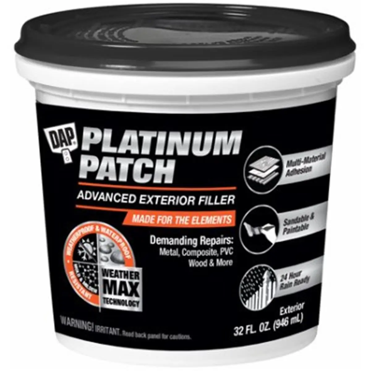 Dap Platinum Patch Advanced Exterior Paste Filler, 32 oz - Strong Adhesion, Waterproof Strong Hold, Sandable, Paintable, PVC & Metal Surfaces Wood Repair, Easy-to-Apply Automotive Paint Care Defect Filler