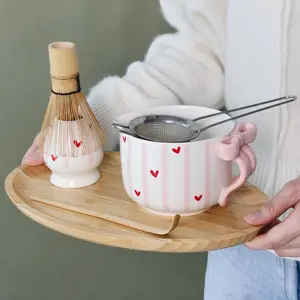 5pcs Ceramic Matcha Bowl Set, Fashion Bowknot Handle Design, Tea Set Includes Bamboo Stirrer, Stainless Steel Sieve, Perfect Gift for Girlfriend