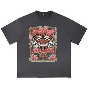 Hoalfish Unisex Roaring Tiger Graphic Tee Vintage Dirty Wash Oversized Heavy Cotton Relaxed Fit T-Shirt