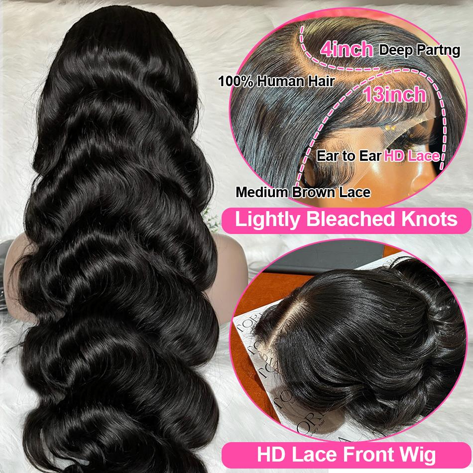 Mylockme Hair 13x4 Body Wave Lace Front Wigs Human Hair Pre Plucked HD Transparent 13x6 Lace Frontal Wig 180% Density Brazilian Virgin Human Hair Lace Front Wigs for Women Natural Black Color