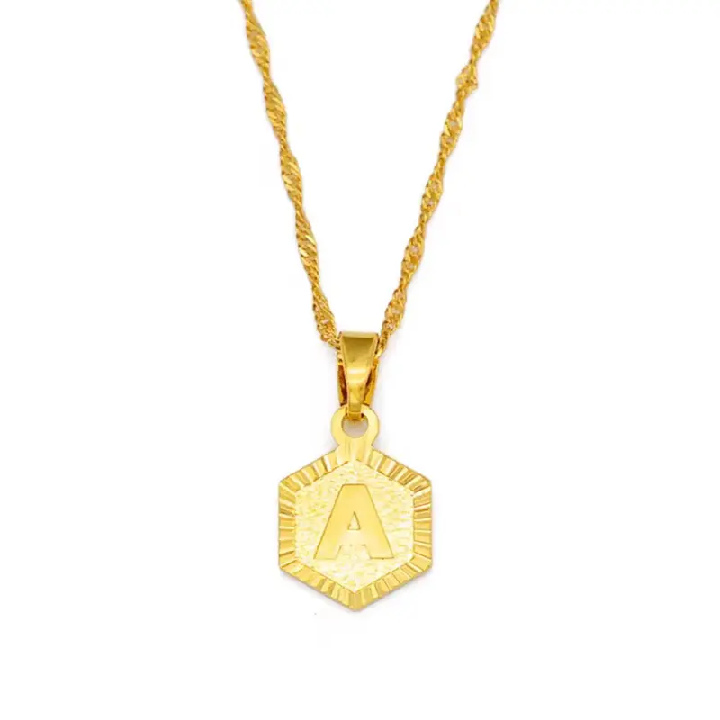 A-Z Letter Gold Plated Charm Necklace with Hexagon Design and  Chain for Everyday Wear