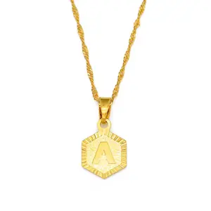 A-Z Letter Gold Plated Charm Necklace with Hexagon Design and  Chain for Everyday Wear