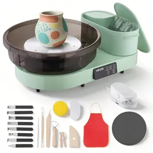 【FathersDayGift】VEVOR Pottery Wheel for Adults, 14" and 11" Turntables, 450W Electric Table Top Pottery Wheel with Foot Pedal, 30-300 RPM Adjustable Speed, Aluminum Body, for Beginners, DIY Clay Art Craft, Green