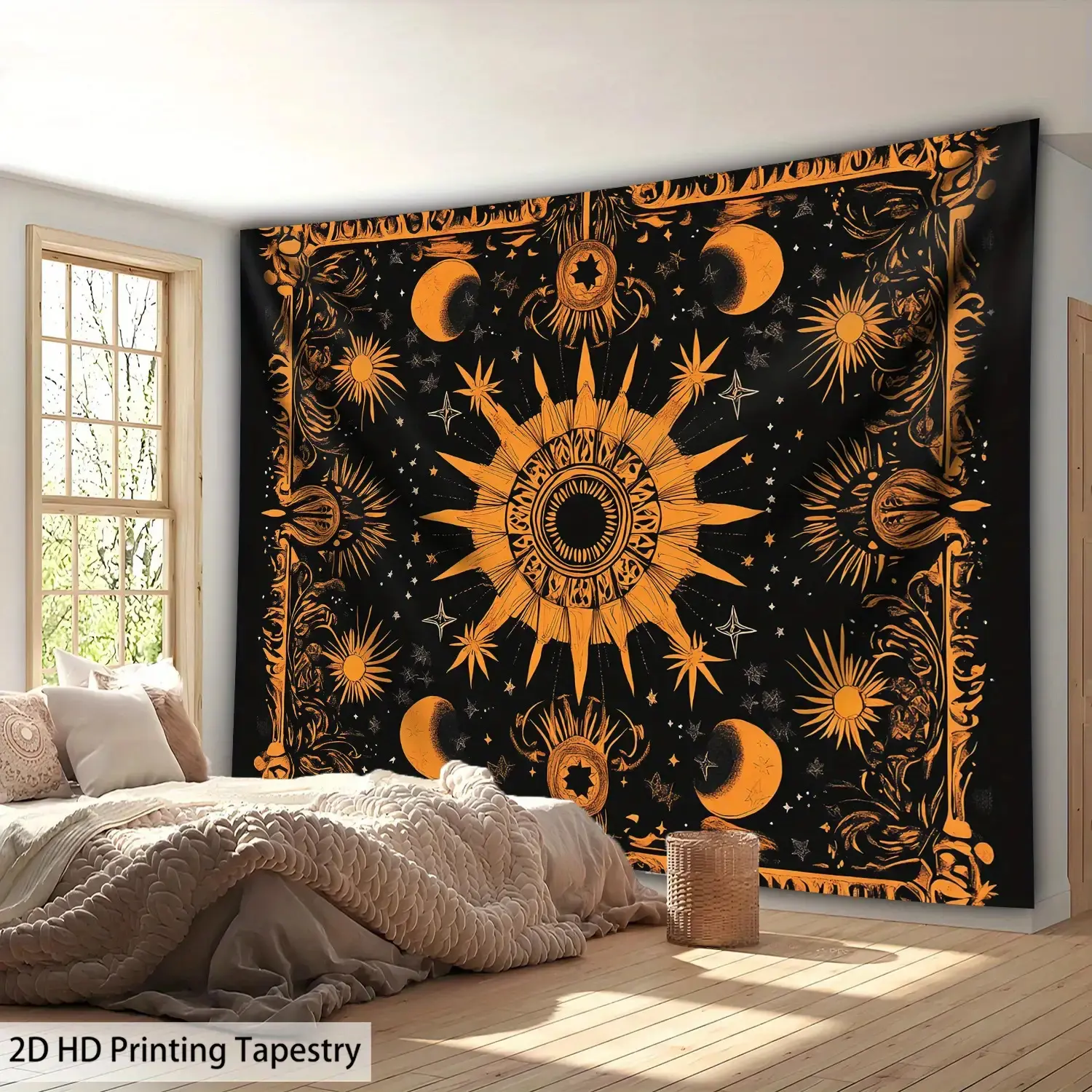 1pc Sun & Moon Mandala Tapestry - Vibrant Orange & Black Cosmic Design, Polyester Wall Hanging with Free Hanging Kit, Perfect for Living Room, Bedroom, or Party Decor, Bedroom Decoration |       Cosmic Theme |       Durable Fabric, Moon Decor