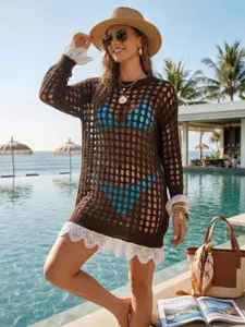 Women's Solid Color Round Neck Hollow Out Long Sleeve Lace Knit Dress Sweater, Casual Fashion, Perfect for Fall & Winter