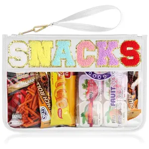 Snack Bag Clear Chenille Varsity Letter Zipper Pouch for Travel Nylon Clear Cosmetic Bag Makeup Travel Bag for Women Girls with Golden Glittering Chenille Patch and Water-Resistant MaterialGift