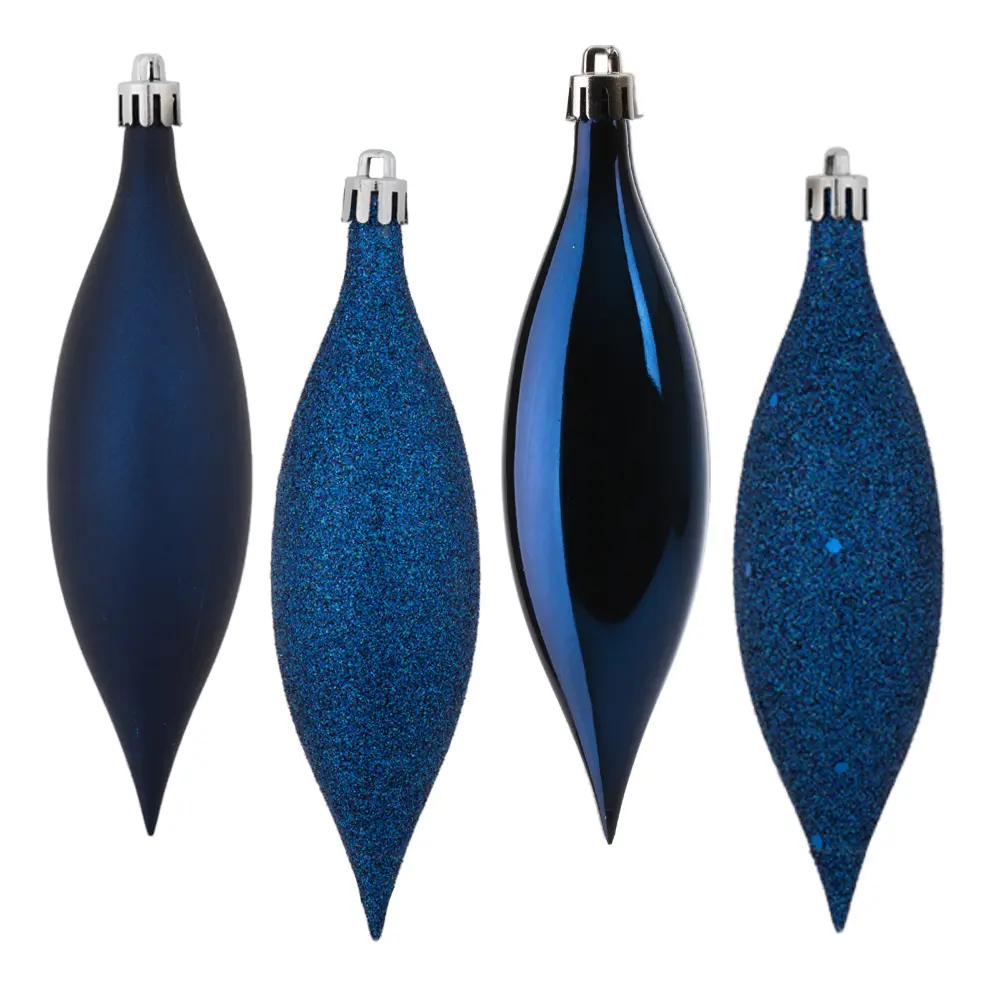 The Drop Plastic Shatterproof Drop-Shape Sequin Sparkle Ornament Set, 5.5 in, 8 Per Box, 4 Assorted Shiny Finishes, Midnight Blue Christmas Festive Decoration, Four-Finish