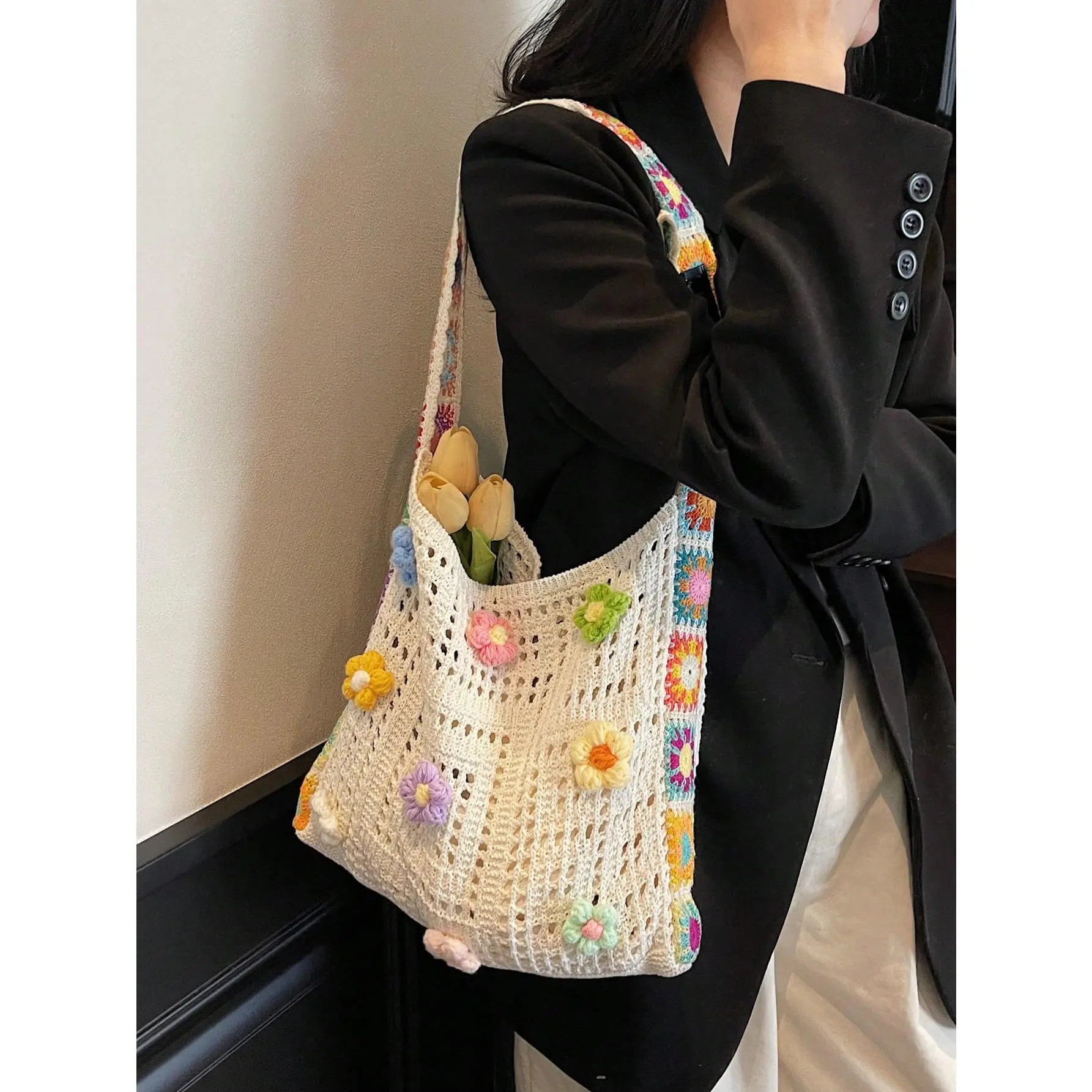 DealsForYouDays Women's Crochet Yarn Tote Bag - Geometric Hollow Out, Slouchy, Breathable Carry - Coastal Grandmother Beachy Crossbody Shoulder Bag for Travel, Daily Use, Coastal Grandmother Women's Tote Bags