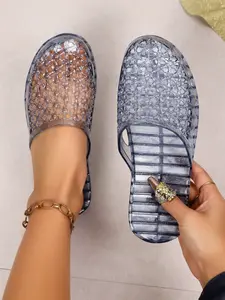 Women's Sequined Hollow Out Sandals Transparent Crystal Slippers Summer Bathroom Non-Slip Outdoor Wear Shoes