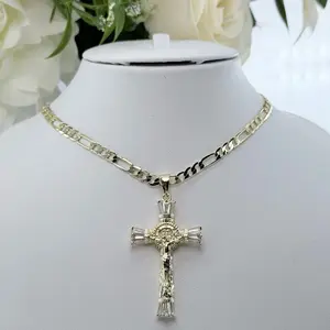 (117) Elegant Gold-Tone Cross Pendant with Rhinestone Necklace with Figaro Chain for Men and Women