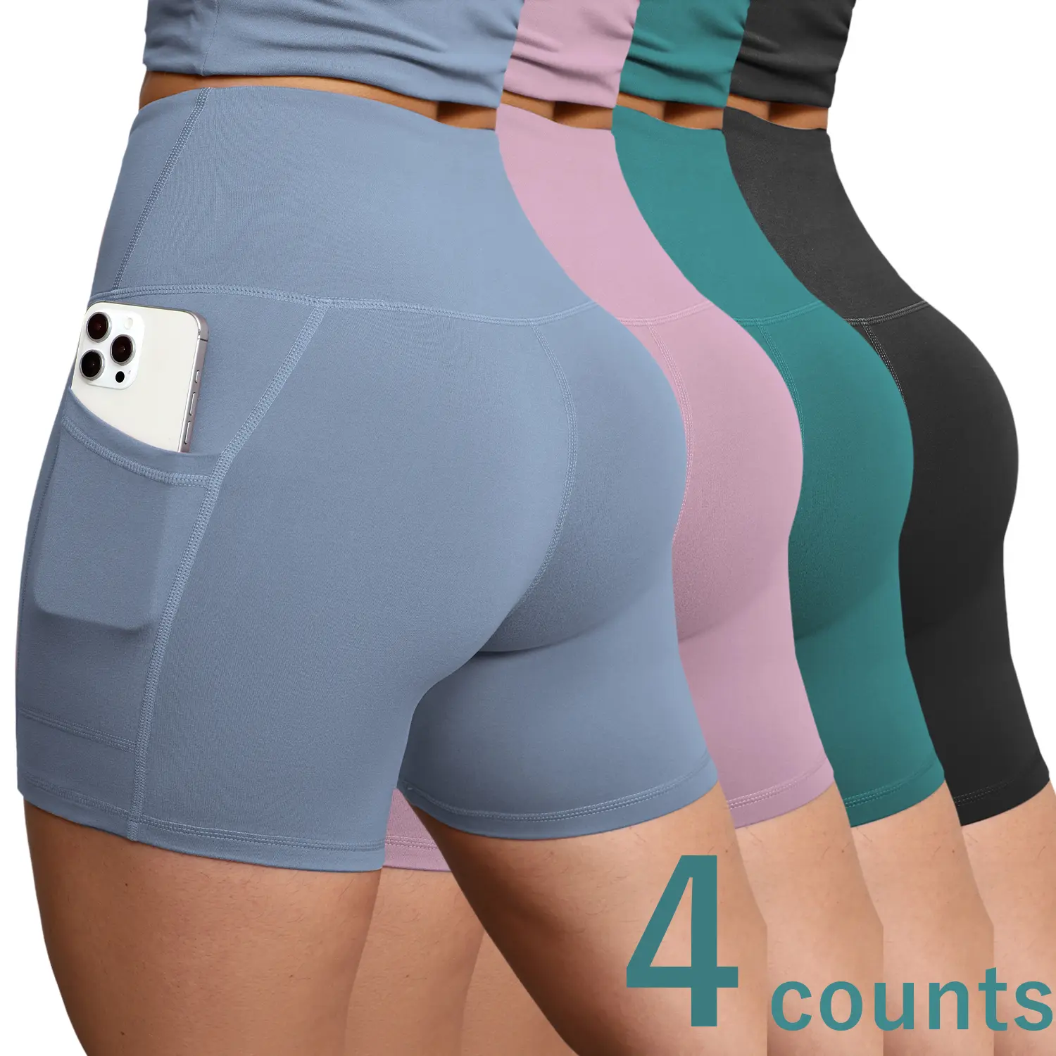 Women’s 4-pack cycling shorts with pockets for easy carry of essentials; 5-inch high-waisted tummy-control stretchy yoga/fitness shorts Women’s 4-pack cycling shorts with pockets for easy carry of essentials; 5-inch high-waisted tummy-control stretchy yoga/fitness shorts