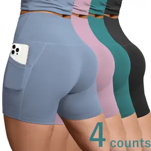 Women’s 4-pack cycling shorts with pockets for easy carry of essentials; 5-inch high-waisted tummy-control stretchy yoga/fitness shorts