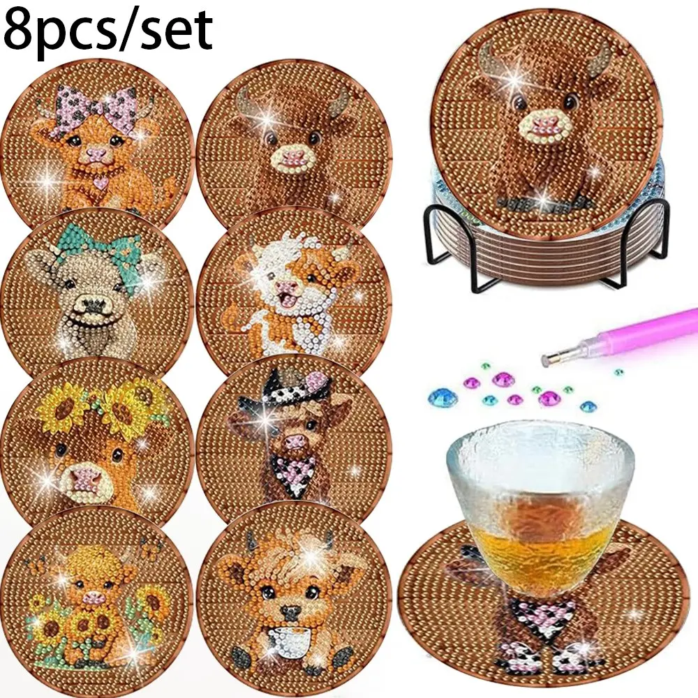 8 Piece 5D Diamond Painting Coasters, Caucasian Cow Pattern, DIY Friendly, Non-Slip Heat Resistant, Ideal for Kitchen and Farmhouse Decor, Diamond Art Coasters