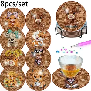 8 Piece 5D Diamond Painting Coasters, Caucasian Cow Pattern, DIY Friendly, Non-Slip Heat Resistant, Ideal for Kitchen and Farmhouse Decor