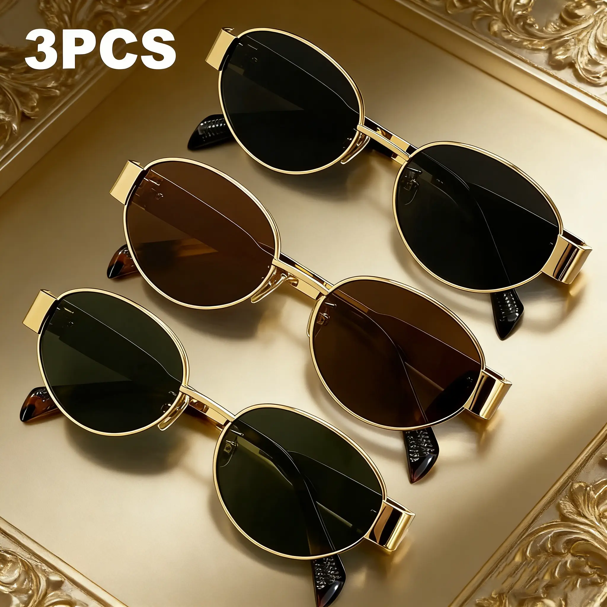 3-Pack 2026 Women's Metal Frame Oval Fashion Sunglasses, Suitable for Everyday Wear, Beach Accessories, Women's Eyewear, Sunglasses, Fashion Sunglasses