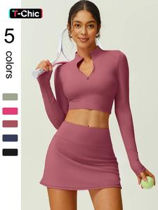 two-piece set women's solid color zipper yoga jacket top & split hem short skirt set, casual sportswear for hiking gym sports training, tennis attire, athletic tracksuit, workout sportswear for all seasons, fitness clothes