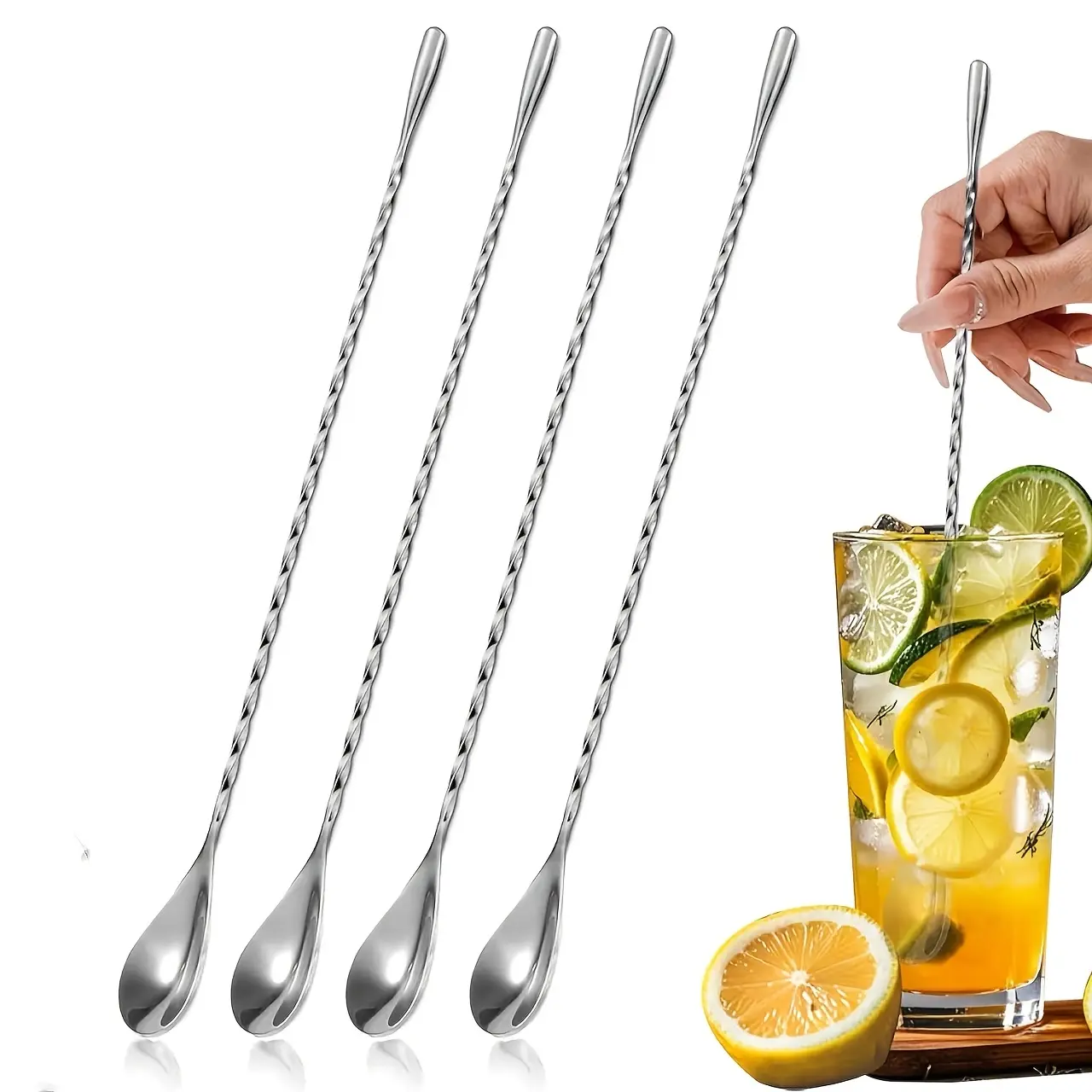 3pcs/4pcs/6pcs 304 Stainless Steel Bar Spoon Utensils - 11.81in Ergonomic Handle Stirring Tool, Smooth Glossy, Durable for Cocktail Mixing & Layering, Home Bar Essentials