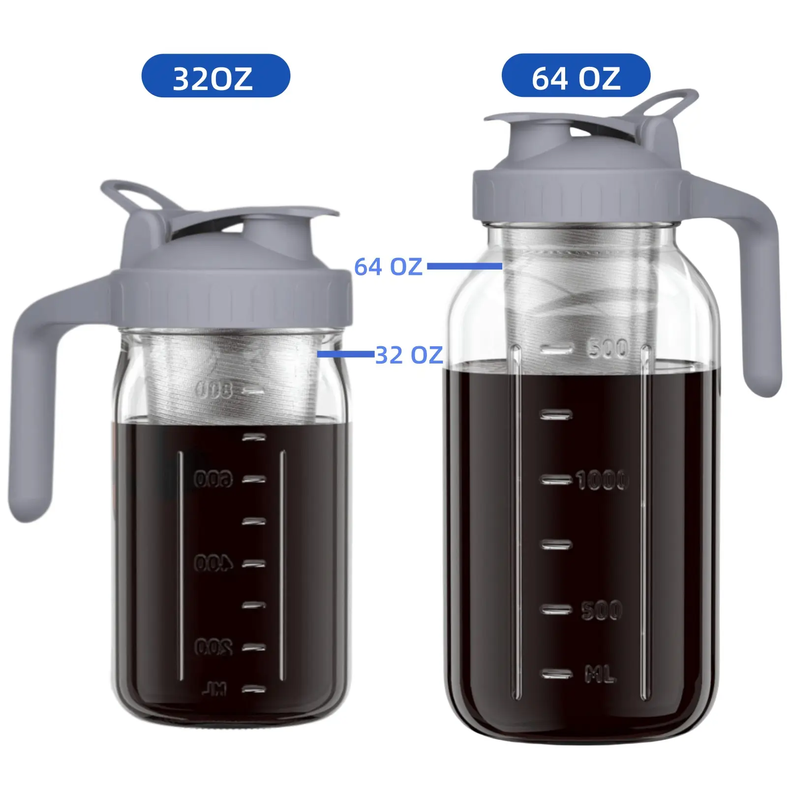Cold Brew Coffee Maker Jar - 64oz Wide Mouth,LeakProof,Heavy Duty Glass Mason Pitcher with Spout Lid,Handle & Stainless Steel Filter for Iced Coffee,Lemonade,Ice Tea & Fruit Drinks
