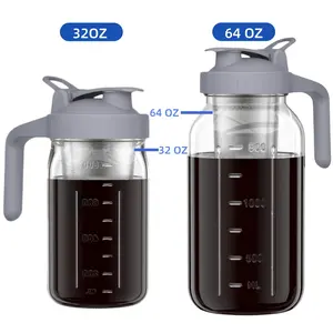 Cold Brew Coffee Maker Jar - 64oz Wide Mouth,LeakProof,Heavy Duty Glass Mason Pitcher with Spout Lid,Handle & Stainless Steel Filter for Iced Coffee,Lemonade,Ice Tea & Fruit Drinks