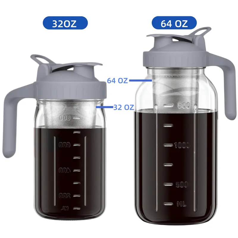 Cold Brew Coffee Maker Jar - 64oz Wide Mouth,LeakProof,Heavy Duty Glass Mason Pitcher with Spout Lid,Handle & Stainless Steel Filter for Iced Coffee,Lemonade,Ice Tea & Fruit Drinks