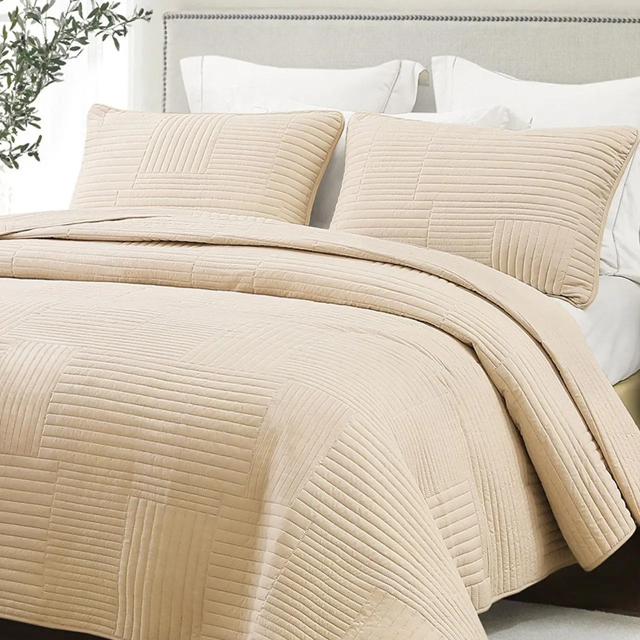 [FallFreshness]Quilt Set, Soft Lightweight Quilts Bedspreads Coverlet with Striped Pattern, Bedding Sets with Pillow Sham, Reversible Bed Cover for Al