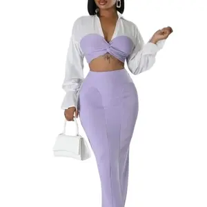 Gina Collar Semi-Stretch Long Sleeve, High-Waisted Skirt Set.
