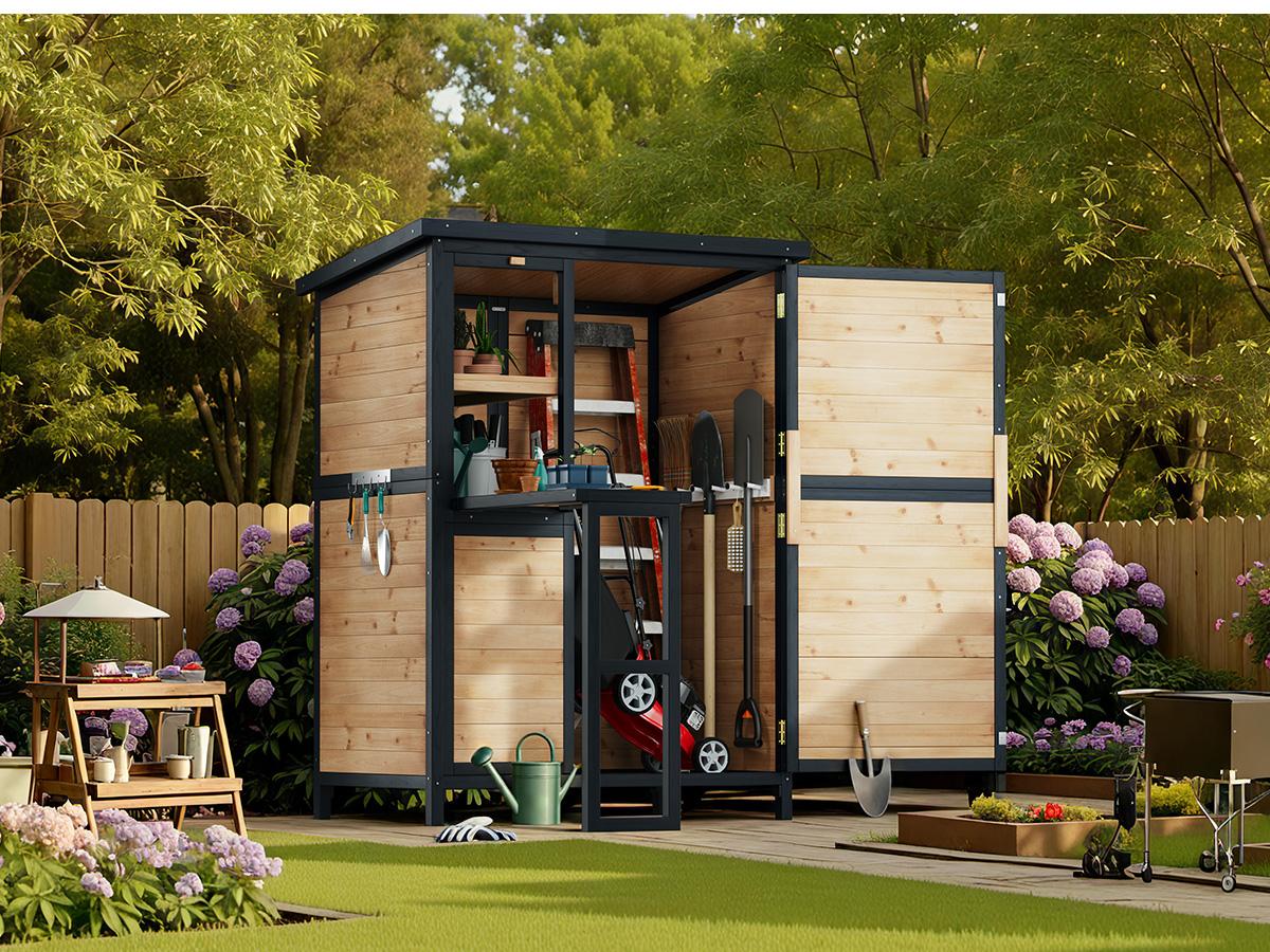 AMERLIFE Solid Fir Wood Outdoor Storage Shed, Garden Tool Shed with Foldable Workbench, Adjustable Shelves, Sloping Roof, Weatherproof Utility Cabinet for Backyard, Patio, Lawn, Poolside