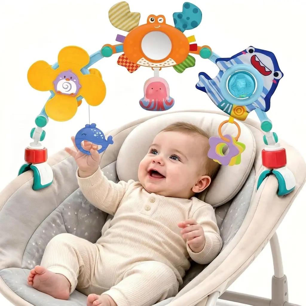Adjustable Baby Stroller Arch Toy with Sensory Activity Toys, Fits Bouncer, Bassinet, Crib & Car Seats, for 0-18 Months Infants