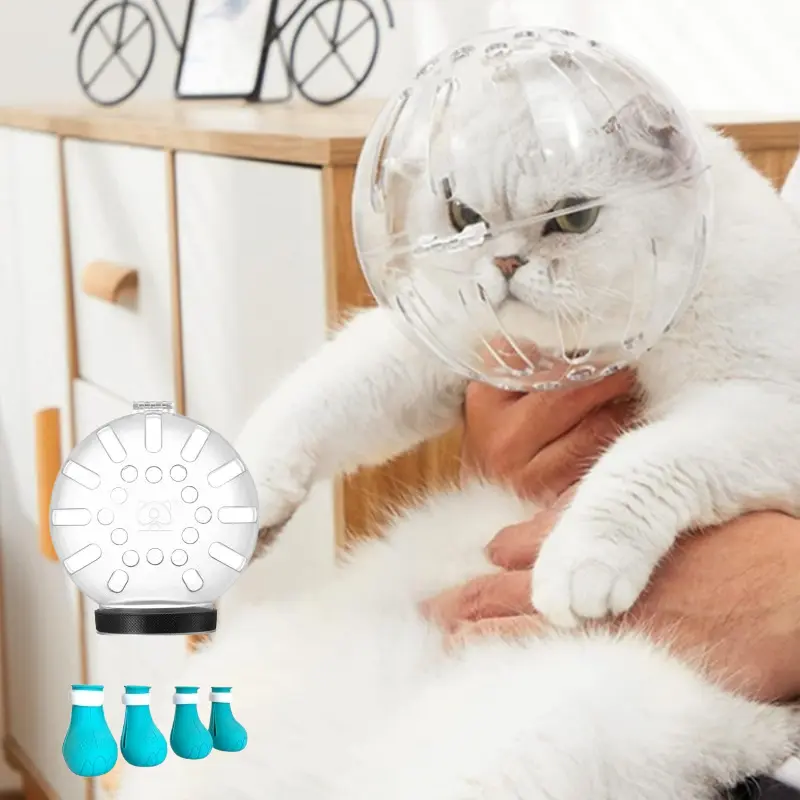 5Pcs Cat Grooming Hand Tool Kit - Breathable Muzzle, Silicone Paw Covers, Transparent Anti-Bite Bubble Helmet for Safe Kitten Nail Trimming, Kittens