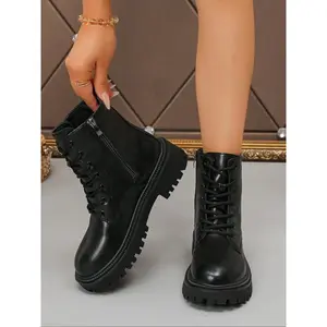 Ladies' fashionable ankle boots, side zipper design, lace up combat boots suitable for walking and work, fashionable platform short boots, comfortable shoes for daily wear