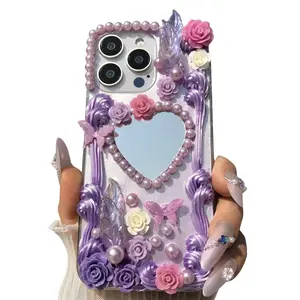 Butterfly & Flower & Pearl Decor Phone Case, Handmade Phone Protective Casing Cover, Phone Accessories Compatible with iPhone 16 15 14 13 12 Pro Max