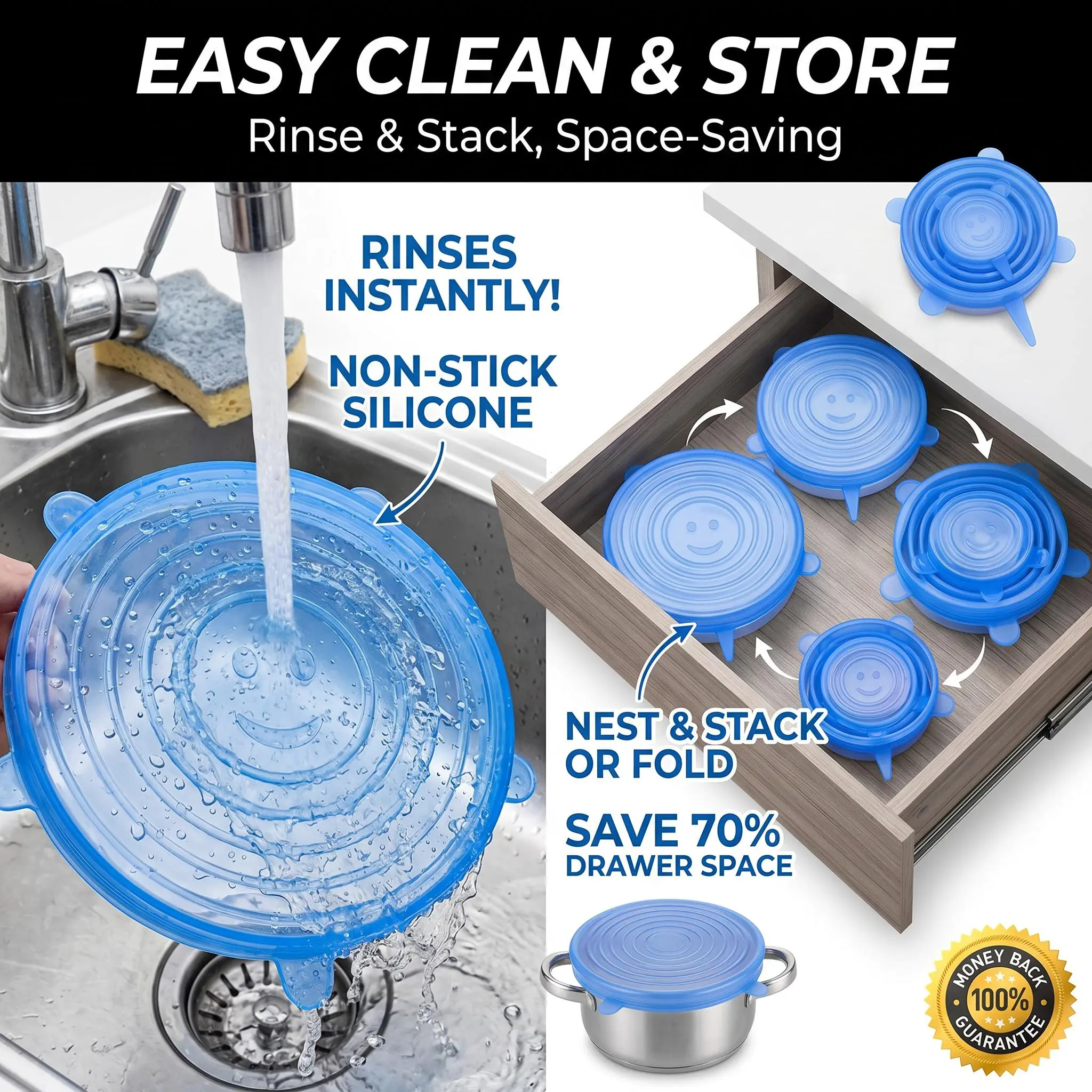 Universal Reusable Silicone Lids – 6-Pack Self-Sealing Food Covers for Various Container Sizes Elastic Bowls Airtight Kitchen Plastic Smooth Spice Stainless Utensils Self-Sealing Airtight Round Lids for Varied Capacity Containers, Everyday Use