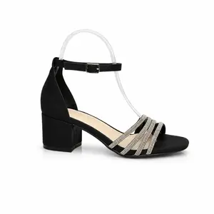 Rhinestone Strap Block Heel Sandals – Black