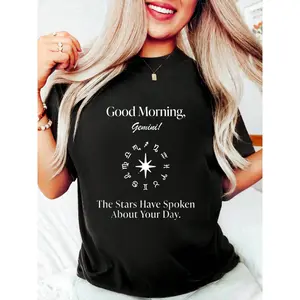Funny Black 100% Cotton T Shirts For Women Good Morning Gemini Zodiac The Stars Spoken Academy T-Shirt Graphic Tee For Women, O-Neck Short Sleeve Casual Tops Clothes Womenswear Apparel Pieces