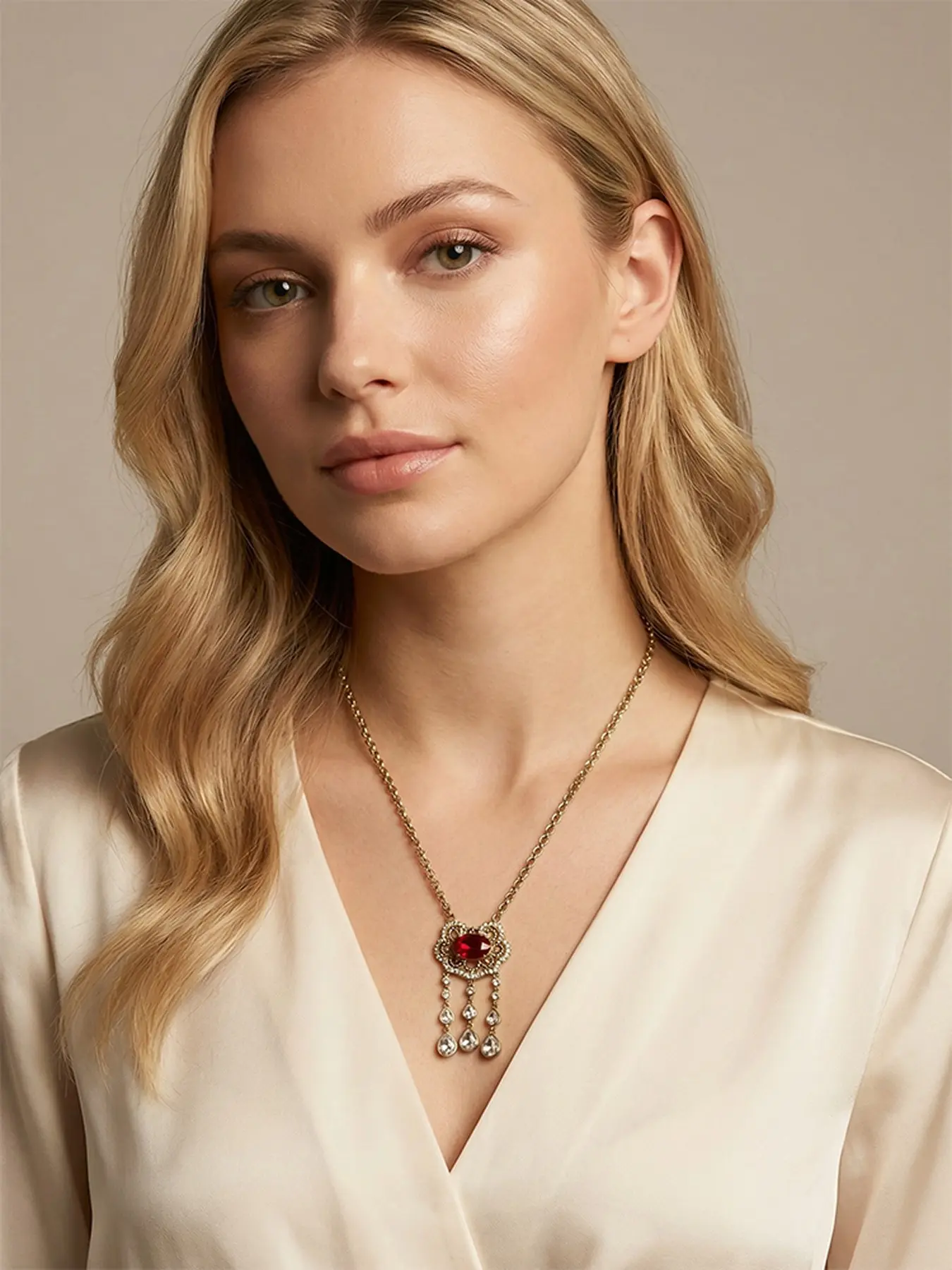 A vintage silk studded ruby necklace with diamonds, Exquisite chain jewelry, floral outline adds classical charm, bright red main stone and broken diamonds complement each other, making it an exquisite gift for daily commuting