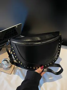 Women's Rivet Buckle Crossbody Bag, Half-Moon Shape Chest Bag, Casual All-Seasons Design, Adjustable Strap, Versatile Commuter Saddle Bag, Fashionable Saddle Bag